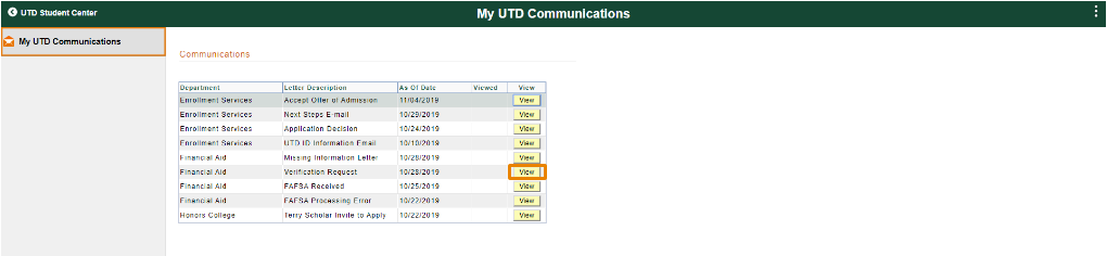 My UTD Communications screen with a highlighted View button. 