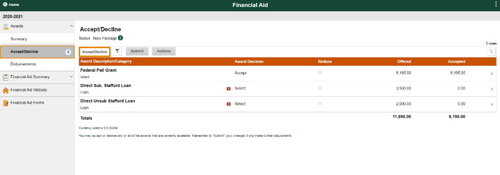 Financial Aid screen with highlighted button for Accept/Decline.