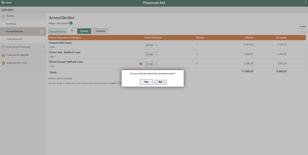 Screen with modal dialog - Do you want to submit this award decisions? Yes/no. 