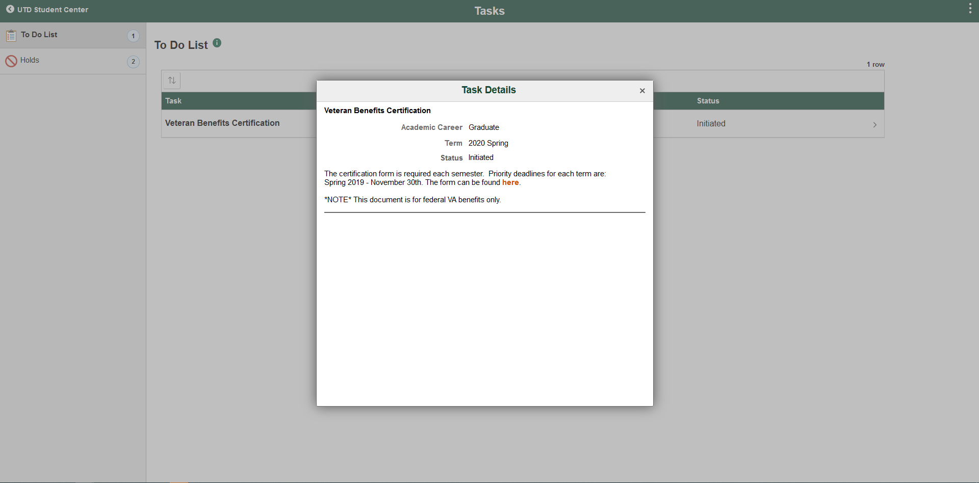 Screen of Task Details, including term, status, and more. 